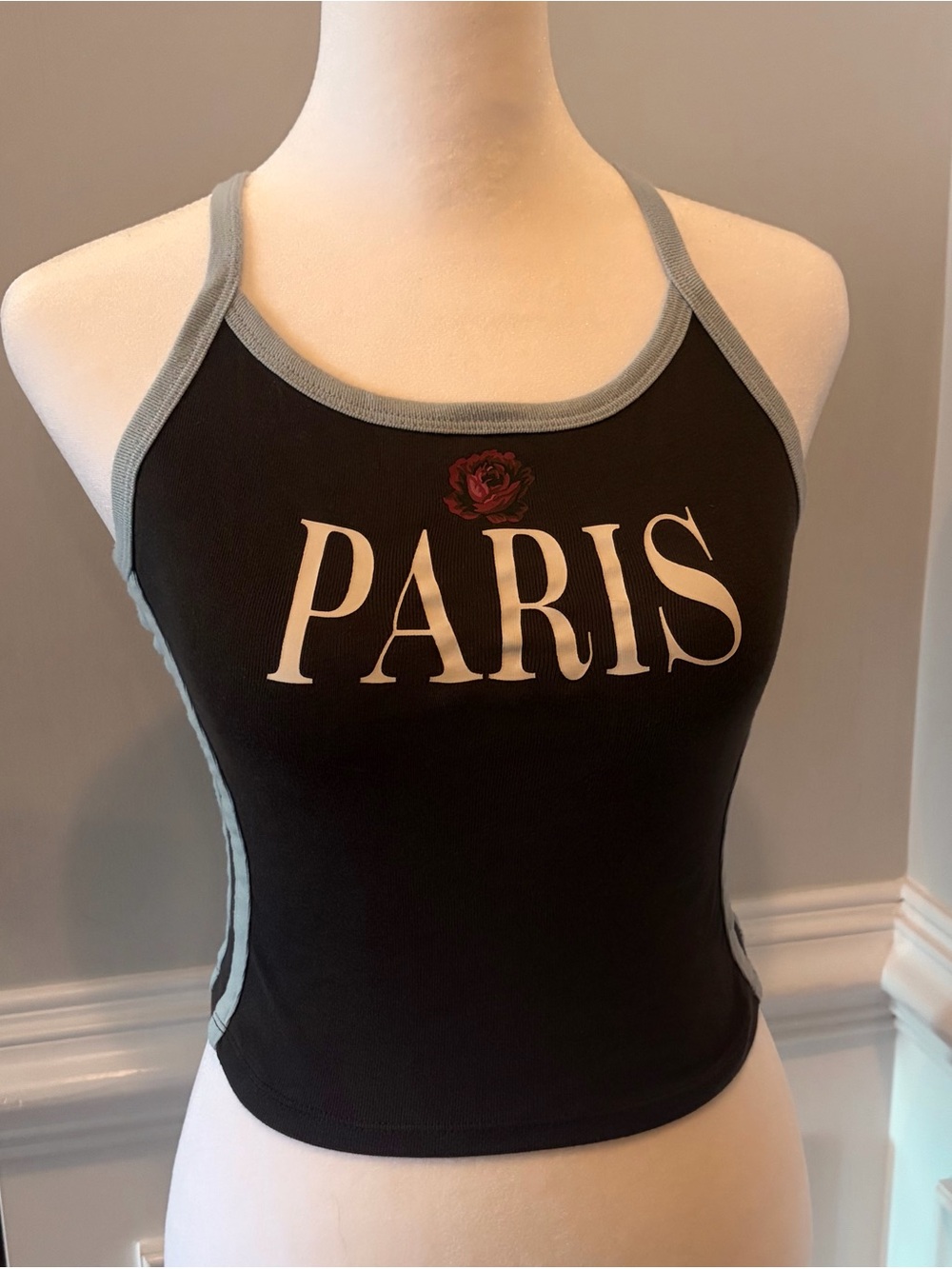 Paris Graphic Dark Gray Crop Tank with Blue Trim